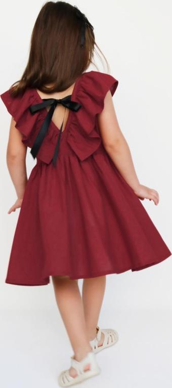 Kız Çocuk Bordo Cherry Fiyonklu Fırfırlı Elbise Toka Takım ELB-0075.6