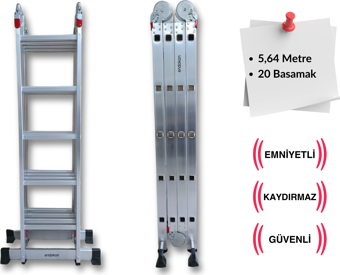 Endokon 5,64 Metre - 20 Basamaklı Katlanır Akrobat Merdiven - Büyük Menteşe - Kalın Profil