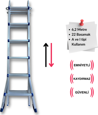 Endokon 622 cm. 22 Basamak A ve I Tipi Katlanıp Uzayabilen Mini Dev Alüminyum Merdiven