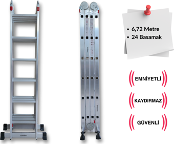 Endokon 6,72 Metre - 24 Basamaklı Katlanır Akrobat Merdiven - Büyük Menteşe - Kalın Profil