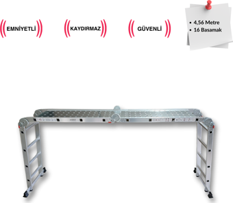 Endokon PLATFORMLU 4,56 Metre - 16  Basamaklı Katlanır Akrobat Merdiven - Büyük Menteşe - Kalın Prof