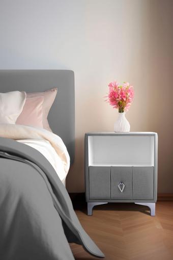 Gazzini Furniture Singular Silver Iki Çekmeceli Açık Gri Komodin - Raflı Kumaş Döşemeli Yatak Odası Komodin Modeli 