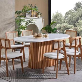 Gazzini Furniture Zeus Zion Beyaz Teddy Hazeranlı Hasırlı Model Natural Ahşap Bohem Sandalye (1 Adet) 43x45 cm