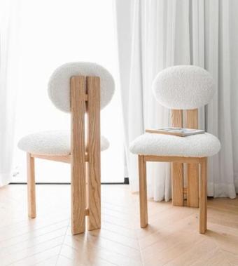 Gazzini Furniture Coco Iskandinav Still Krem Teddy Kumaş Natural Ahşap Bohem Sandalye (1 Adet) 44x52 cm