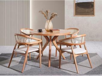 Gazzini Furniture Gazel Hasırlı Krem Teddy Kumaş Hazeran Model Natural Ahşap Bohem Sandalye (1 Adet) 55x63 cm