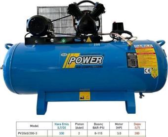 POWER 200 Lt Döküm Kafalı Yağlı Pistonlu Kompresör 3 Hp, 2 Piston, 8 Bar