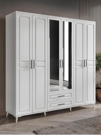 Ücretsiz Montaj Gözde 6 Kapaklı Aynalı Komple Mdf Beyaz Gardırop