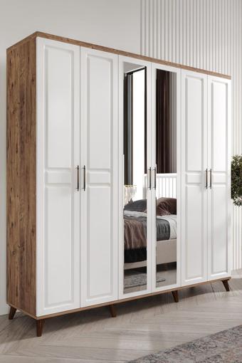 Ücretsiz Montaj Komple MDF Sport 6 Kapaklı Atlantik Çam-beyaz Aynalı Gardırop Elbise Dolabı