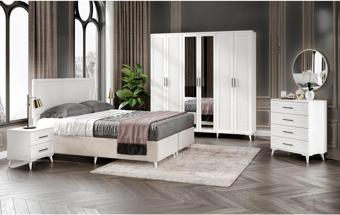 Komple Mdf Paris 6 Kapaklı Beyaz Yatak Odası Takımı Bazalı
