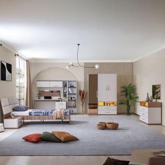 Milano Genç Odası - 3 Kapaklı Aynalı Dolap, Karyola, Komodin, Çalışma Masası, Şifonyer, Kitaplık