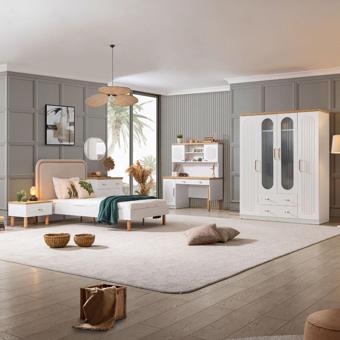 Vita Bohem Genç Odası - 4 Kapaklı Dolap, Karyola, komodin, Çalışma Masası, Şifonyer