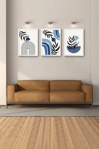 Hagen Beyaz Çerçeveli 3Lü Tablo Set Büyük Duvar Tablolari Modern Manzara Bohem Tablo Soyut Salon Tablolar