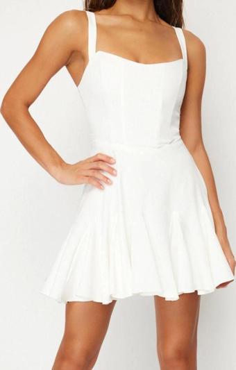 Moda Fitted Kalp Yaka Mini Boy Bridal Astarlı Korse Detaylı Biyeli Dokuma Kısa Abiye Gece Elbise