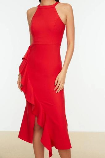 Moda Fit Mezuniyet Balo Finike Dokuma Halter Yaka Kolsuz Kol Anvelop Midi Boy Elbise