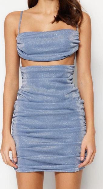 Moda Fit Mezuniyet Balo Simli Örme Örme Kare Yaka Askılı Kol Bodycone Mini Boy Elbise