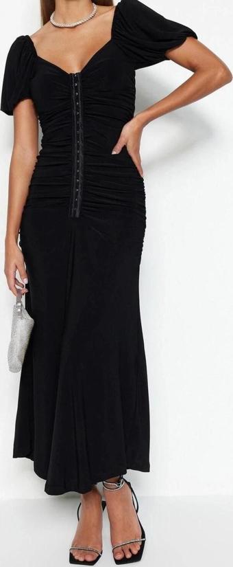 Moda Fit Mezuniyet Balo Sandy Örme Kalp Yaka Kısa Kol Shift Midi Boy Elbise