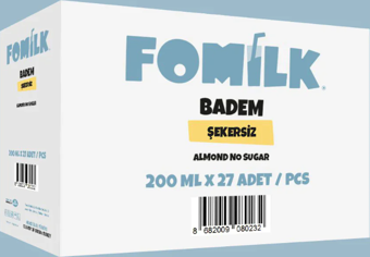 Fomilk Bitkisel Bazlı Şekersiz Badem İçeceği 200ml. x 27 Adet