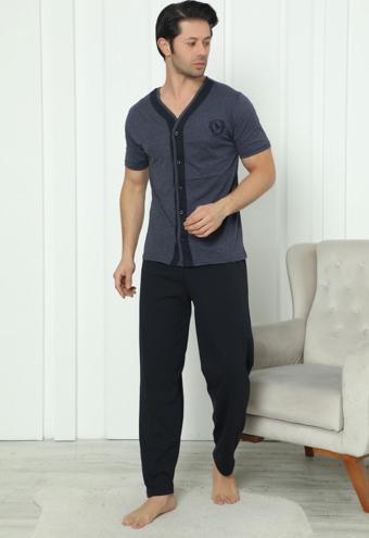 Falkom 8180 Pamuklu Penye Erkek Düğmeli Kısa Kollu Pijama Takımı