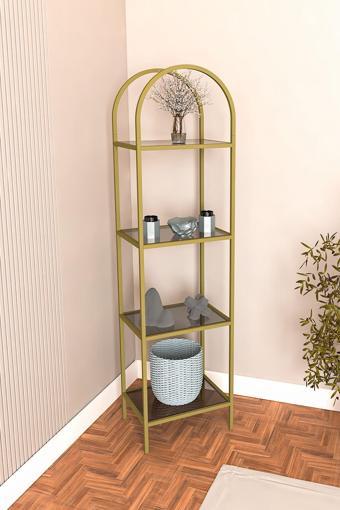 Dekopratik Mona Gold Köşe Kitaplık Dekoratif Aksesuar Rafı Mutfak Rafı 40cm Füme Camlı