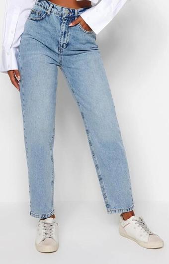 Stil Kadın Moda Denim Kot Pantolon Regular Dar Paça Mavi Yüksek Bel Mom Jeans