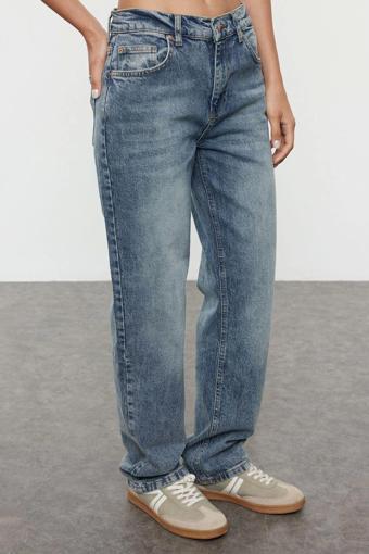Stil Kadın Moda Denim Kot Pantolon Regular Boru Paça Mavi Soluk Vintage Normal Bel Straight Jeans
