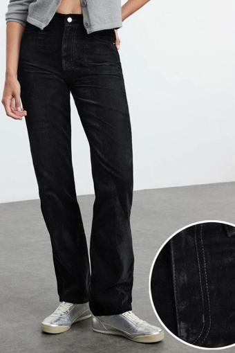 Stil Kadın Moda Denim Kot Pantolon Regular Boru Paça Süet Görünümlü Yüksek Bel Straight Jeans