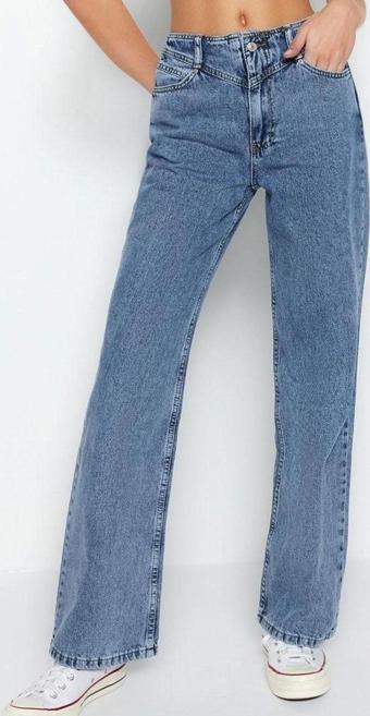 Stil Kadın Moda Denim Kot Pantolon Regular Geniş Paça Gri Bel Detaylı Yüksek Bel Jeans