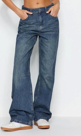 Stil Kadın Moda Denim Kot Pantolon Regular Geniş Paça Mavi Soluk Vintage Yüksek Bel Jeans