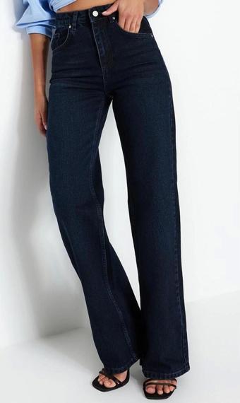 Stil Kadın Moda Denim Kot Pantolon Uzun Geniş Paça Gece Mavisi Yüksek Bel Jeans