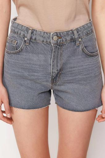 Moda Denim Yüksek Bel Geniş Paça Gündelik Gri Mini Şort
