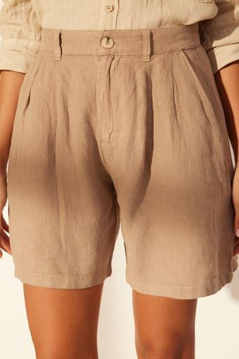 Moda Denim Yüksek Bel Geniş Paça Gündelik Beyaz %100 Keten Pileli Yüksek Bel Şort