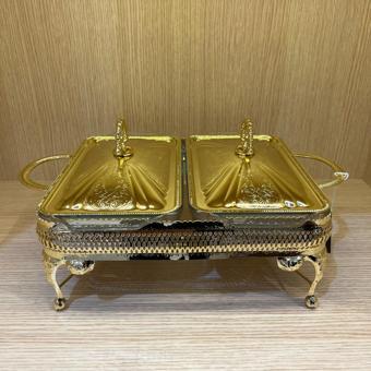 Queen Anne Altın Kaplama İki Bölmeli Isıtmalı Yemek Servislik 41 x 28 x 19 cm  