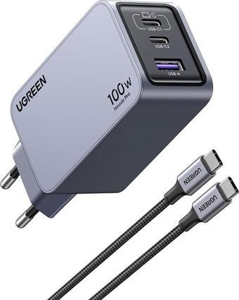 Ugreen Nexode Pro 25874 2xUSB-C+USB-A QC/PD 100W GaN Hızlı Şarj Kablosu ve Adaptörü