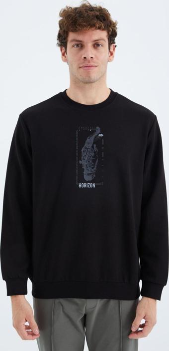 TOMMY LIFE Siyah O Yaka Baskı Detaylı Rahat Kalıp Erkek Sweatshirt - 88283 T14ER-88283