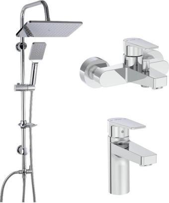 Artema Flow Square Krom Banyo Bataryası + Lavabo Bataryası + Duxxa Mirage Krom Tepe Duş Seti