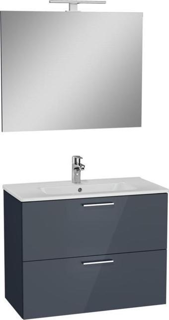 VİTRA Mia Antrasit Füme 80 cm Banyo Dolabı+Ayna+Lavabo+Aplik