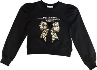 Kız Çocuk Leopar Çiçek Aksesuarlı Sweatshirt