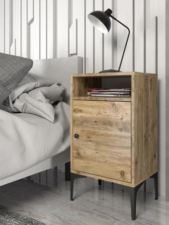 Wood'n Love Vio Metal Ayaklı Minifiks Bağlantı, Dolaplı Komodin - Atlantik Çam / Siyah