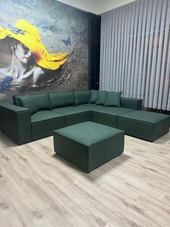 Dream Garden Angelo 4 Modül 2 Puf Köşe Koltuk Takımı Sırt Minderli Keten Kumaş Yeşil