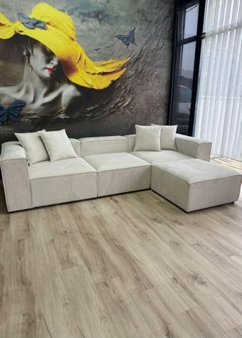 Erduran Mobilya Angelo 3 Modül + 1 Puf Köşe Koltuk Takımı (4 Modül) Fitilli Kadife Kumaş Beyaz