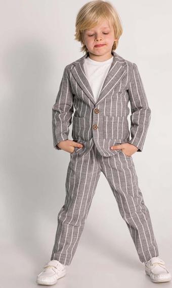 Erkek Çocuk Kruvaze Yaka Kesim Çizgili Keten Blazer Ceket Penye T-Shirt Füme Keten Alt Üst Takım