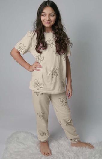 Kız Çocuk Kelebek Desenli T-Shirt Krem Pijama Takımı 8-14 Yaş