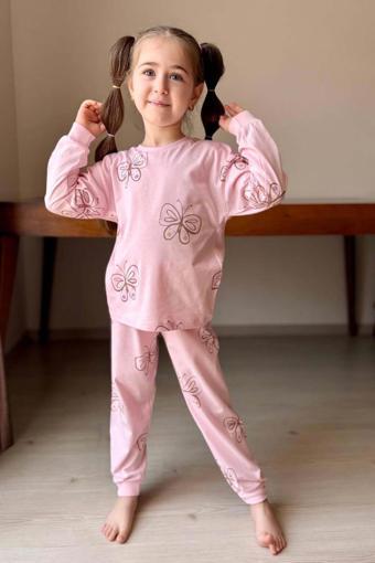 Kız Çocuk Bilekleri Manşetli Kelebek Desenli Pembe Pijama Takımı