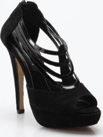 Deda Bayan  Deri Şerit Detaylı Siyah Süet Stiletto