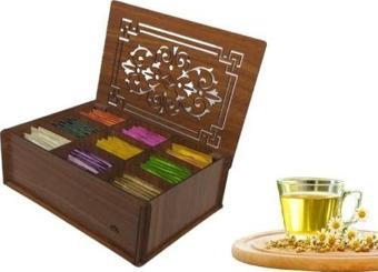 Çaylar Dahil Ahşap (Ceviz) Çay Kutusu 9 Bölmeli Kapaklı  Poşet Bitki Çayı Saklama Kabı Tea Box