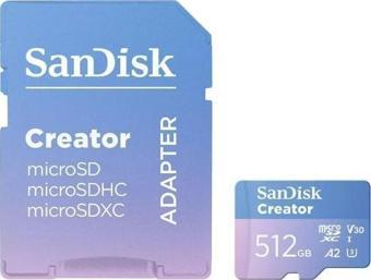 SanDisk Creator 512GB 190/130MB/s microSDXC UHS-I A2 V30 Adaptörlü Hafıza Kartı SDSQXAV-512G-IN6MS