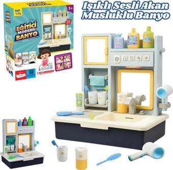 Su Akıtan Modern Banyo Seti - Çeşmeli Işıklı ve Sesli Lavabo - Banyo Seti - Su Akan Musluk - Mavi