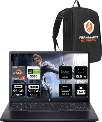 Acer Nitro V15 R5 7535HS 96GB 512GB SSD RTX3050/6GB 15.6'' 144Hz FHD FDOS Gaming Laptop & PER4 ÇANTA