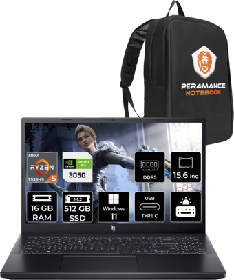Acer Nitro V15 R5 7535HS 16GB 512GB SSD RTX3050/6GB 15.6'' 144Hz FHD W11P Gaming Laptop & PER4 ÇANTA