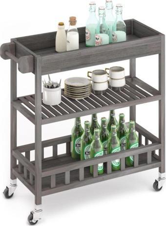 Interbuıld Real Wood Interbuild Masif Akasya - Holger Tepsili Mutfak Servis Arabası - 799x349x850 Mm - Alaca Gri